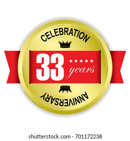 33 years Anniversary Gold badge with red ribbon.vector illustration