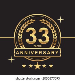 33 years anniversary golden color with circle ring and stars isolated on black background for anniversary celebration event luxury gold premium vector