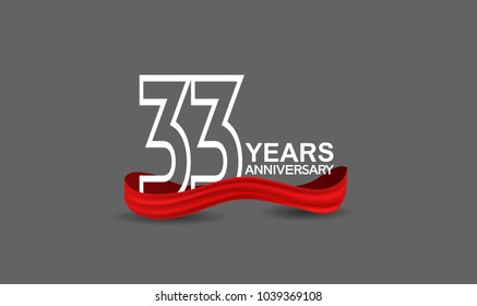 33 years anniversary line style white color with red color ribbon isolated on dark grey background