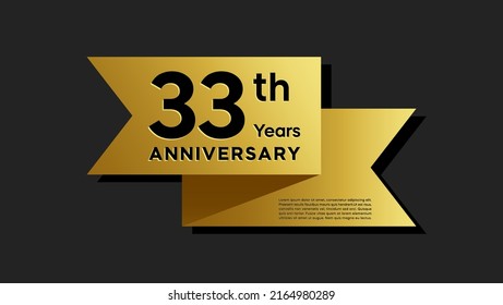 33 years anniversary logo with golden ribbon for booklet, leaflet, magazine, brochure poster, banner, web, invitation or greeting card. Vector illustrations.