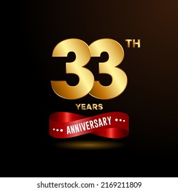 33 years anniversary logo with red ribbon for booklet, leaflet, magazine, brochure poster, banner, web, invitation or greeting card. Vector illustrations.