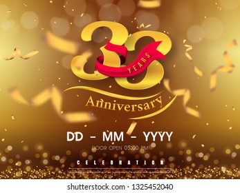33 years anniversary logo template on gold background. 33rd celebrating golden numbers with red ribbon vector and confetti isolated design elements