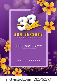 33 years anniversary logo template on golden flower and purple background. 33rd celebrating white numbers with gold ribbon vector and bokeh design elements, anniversary invitation template card design