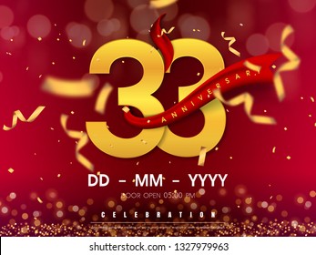 33 years anniversary logo template on gold background. 33rd celebrating golden numbers with red ribbon vector and confetti isolated design elements