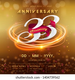 33 years anniversary logo template on golden Abstract futuristic space background. 33rd modern technology design celebrating numbers with Hi-tech network digital technology concept design elements.