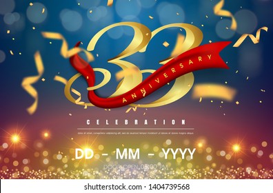 33 years anniversary logo template on gold and blue background. 33rd celebrating golden numbers with red ribbon vector and confetti isolated design elements