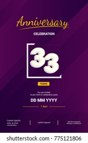 33 Years Anniversary Logotype with 3d white number isolated on dark purple abstract background