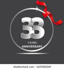 Diseño de logotipo de 33 años con cinta roja, plantilla vectorial para eventos de la empresa de celebración, tarjeta de felicitación y tarjeta de invitación