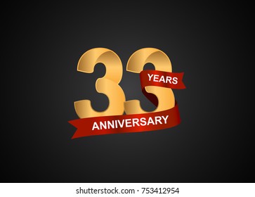 33 years anniversary logotype with elegance gold color and warp red ribbon