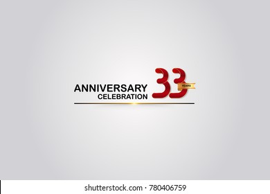 33 Years Anniversary Logotype with Elegant Red Color and Golden Ribbon Isolated on White Background