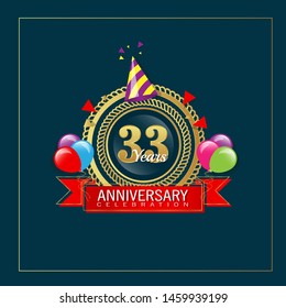 33 years anniversary - modern design celebrating. years anniversary celebration simple logo. ribbon,balloon, gold emblem