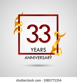 33 years anniversary with red number design inside red square and golden ribbon element, isolated on white background can be used as celebration card