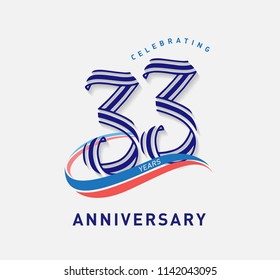 33 years Anniversary ribbon shape numbers with swoosh. Celebrating 33  years anniversary event party template.