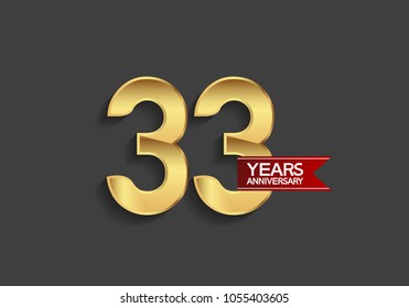 33 years anniversary simple design with golden color and red ribbon isolated on black background for celebration event