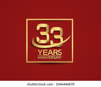 33 years anniversary with square and swoosh golden color isolated on red background for celebration