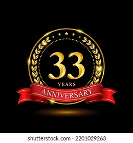 33 Years Anniversary template design, with shiny ring and red ribbon, laurel wreath isolated on black background, logo vector