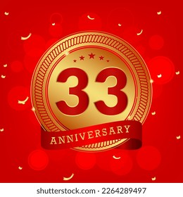 33 years anniversary. Anniversary template design concept with gold and red colors , design for event, invitation card, greeting card, banner, poster, flyer, book cover and print. Vector Eps10