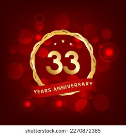 33 years anniversary. Anniversary template design with gold number and red ribbon, design for event, invitation card, greeting card, banner, poster, flyer, book cover and print. Vector Eps10