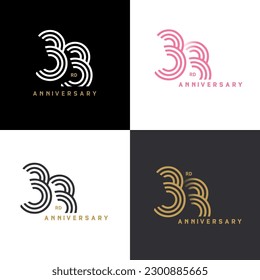 33 years anniversary vector number icon, birthday logo label, black, white and colors stripe number
