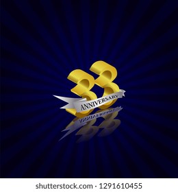 33 years anniversary Vector Template Design with golden color and silver ribbon isolated on blue sunburst background illustration for celebration event - Vector