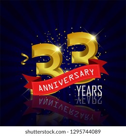 33 years anniversary Vector Template Design with golden color and silver ribbon isolated on blue sunburst background illustration for celebration event - Vector