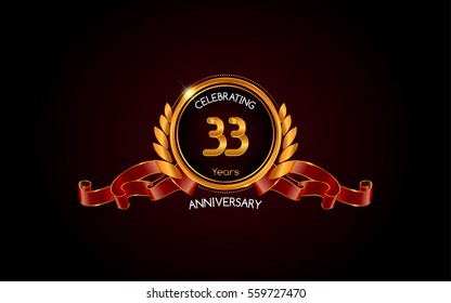 33 years gold anniversary celebration logo with red ribbon , isolated on dark background