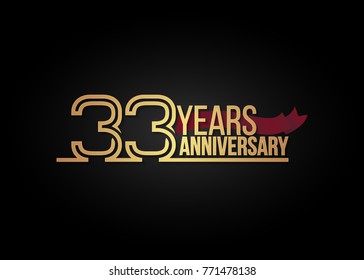 33 Years gold Anniversary celebration logotype using multi linear number with red ribbon isolated on black background.