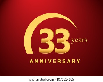 33 years golden anniversary logo with golden ring isolated on red background, can be use for birthday and anniversary celebration.