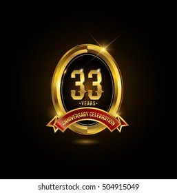 33 years golden anniversary logo with red ribbon and oval ring