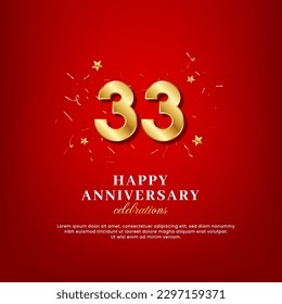 33 years of golden numbers, anniversary celebrating text, ad anniversary congratulation text with golden confetti spread on a red background