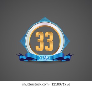 33 years logotype anniversary design with white ring, blue ornament and ribbon for use celebration event of your company, party, wedding and precious moment
