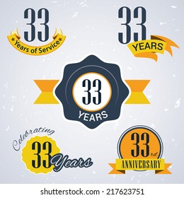 33 years of service/ 33 years / Celebrating 33 years / 33rd Anniversary - Set of Retro vector Stamps and Seal for business