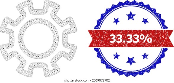 33.33 part corroded stamp seal, and contour gear icon mesh model. Red and blue bicolor stamp seal contains 33.33 part tag inside ribbon and rosette. Abstract 2d mesh contour gear, built from triangles
