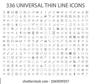 336 UNIVERSAL THIN LINE ICON set vector. Outline web, business, finance, arrow, sport, food, technology, office collection. Trendy flat sign design. Linear graphic pictogram isolated. logo eps10.