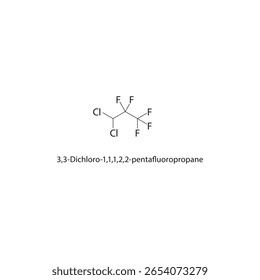 3,3-Dichloro-1,1,1,2,2-pentafluoropropane skeletal structure. fluorinated alkane compound schematic illustration. Simple diagram, chemical formula.