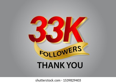33K, 33.000 Followers  logo  Sign Ribbon Gold space Red and Gold number vector illustration  
