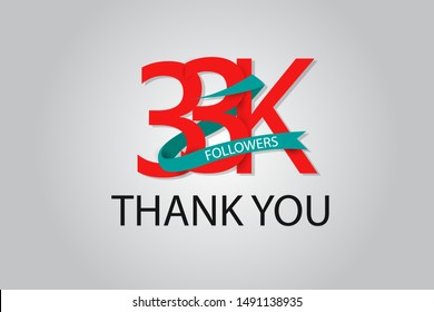 33K, 33.000 Thank You Followers Anniversary Red Logo With Tosca Ribbon. For Social Medias - Vector