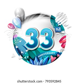 33rd anniversary background with balloon and confetti on white. 3D paper style illustration. Poster or brochure template. Vector illustration.
