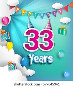 33rd Anniversary Celebration Design, with clouds and balloons. using Paper Art Design Style, Vector template elements for your, thirty three years birthday celebration party.