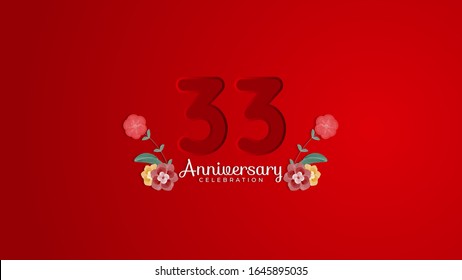 33rd Anniversary celebration. Emboss number with Gradient red background and flowers decoration. Modern elegant simple background design vector EPS 10. Can be used for company or wedding.