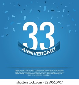 33rd anniversary celebration vector design with white color numbers and  white color font on  blue color background abstract 