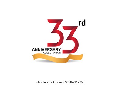 33rd anniversary design logotype red color and golden ribbon for celebration isolated on white background
