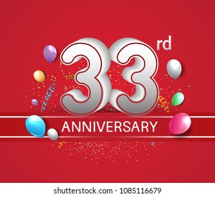 33rd anniversary design red background with balloons and confetti for company celebration event 