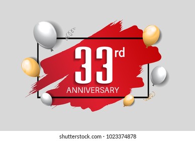 33rd anniversary design with red brush, balloons, and square isolated on white background for celebration