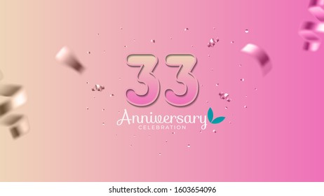 33rd anniversary. Gradient pink and yellow Numbers with sparkling confetti. Modern elegant gradient background design vector EPS 10. For wedding party or company event decoration.