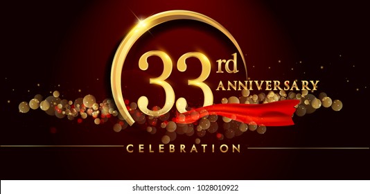 33rd anniversary logo with golden ring, confetti and red ribbon isolated on elegant black background, sparkle, vector design for greeting card and invitation card