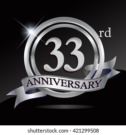 33rd anniversary logo with silver ring and ribbon. Vector design template elements for your birthday celebration.