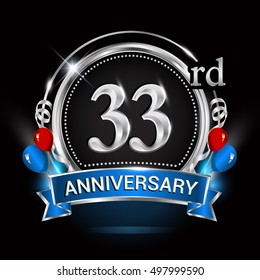 33rd anniversary logo with silver ring,balloons and blue ribbon. Vector design template elements for your birthday celebration.