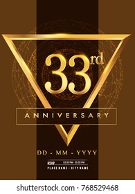 33rd anniversary poster design on golden and elegant background, vector design for anniversary celebration, greeting card and invitation card.