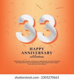 33rd anniversary vector template with a white number and confetti spread on an orange background
